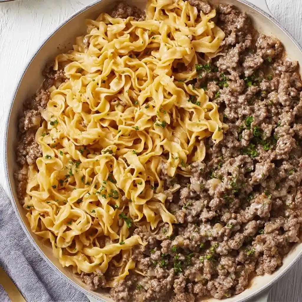 Delicious 30-minute ground beef stroganoff served in a bowl with noodles