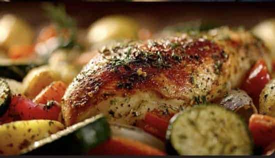 One-Pan 1 lb Chicken and Veggie Roast with Lemon Herb Dressing