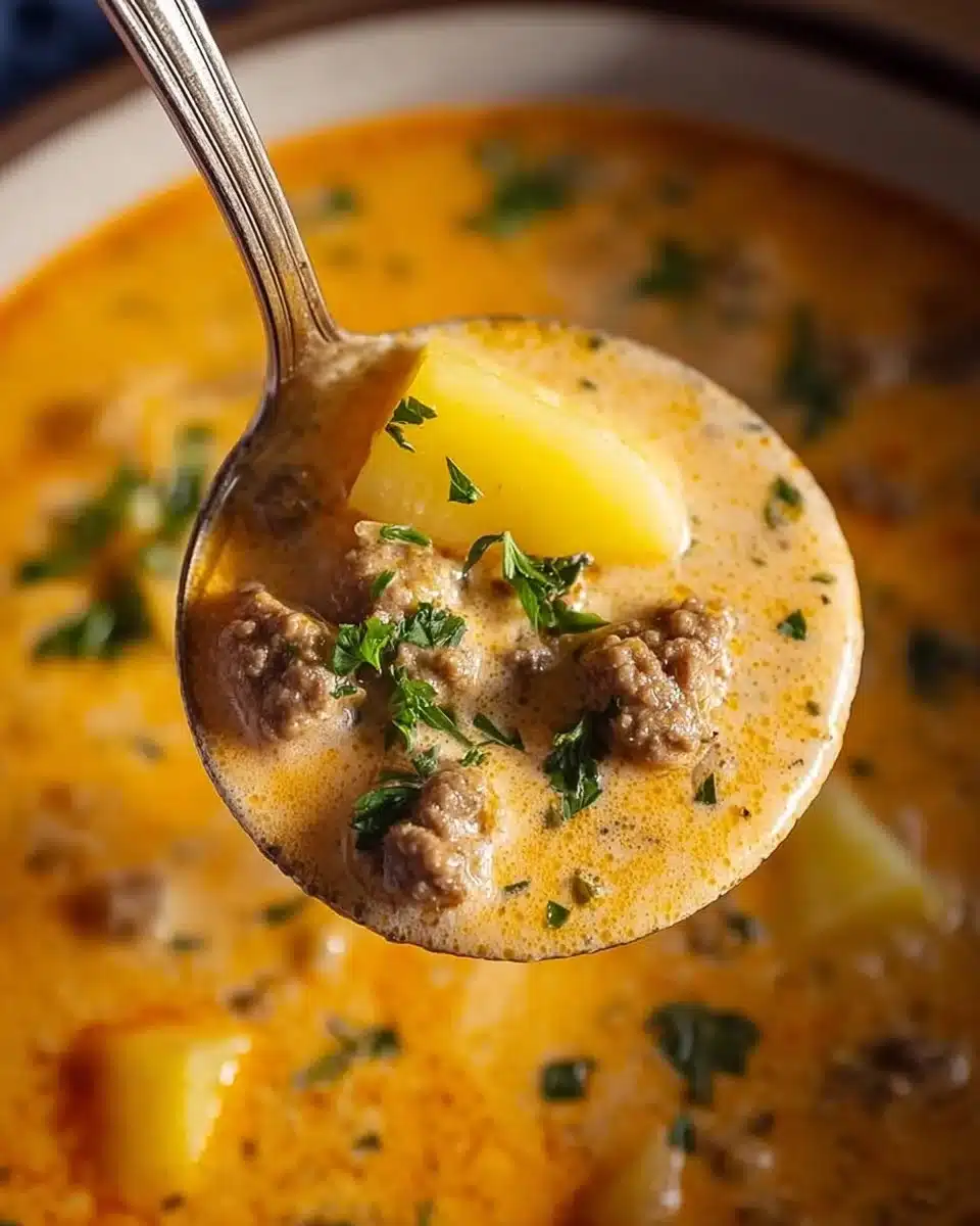 A bowl of cheesy beef and potato soup garnished with herbs and cheese