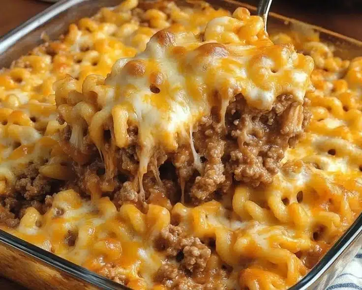 Cheesy hamburger casserole topped with melted cheese and herbs in a baking dish.