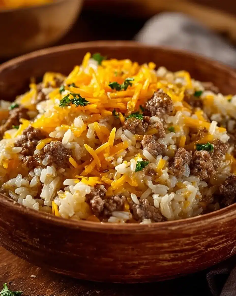 Cheesy hamburger rice casserole baked in a dish topped with cheese and herbs