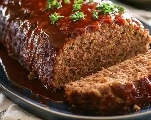 Homemade classic meatloaf served with mashed potatoes and green beans.
