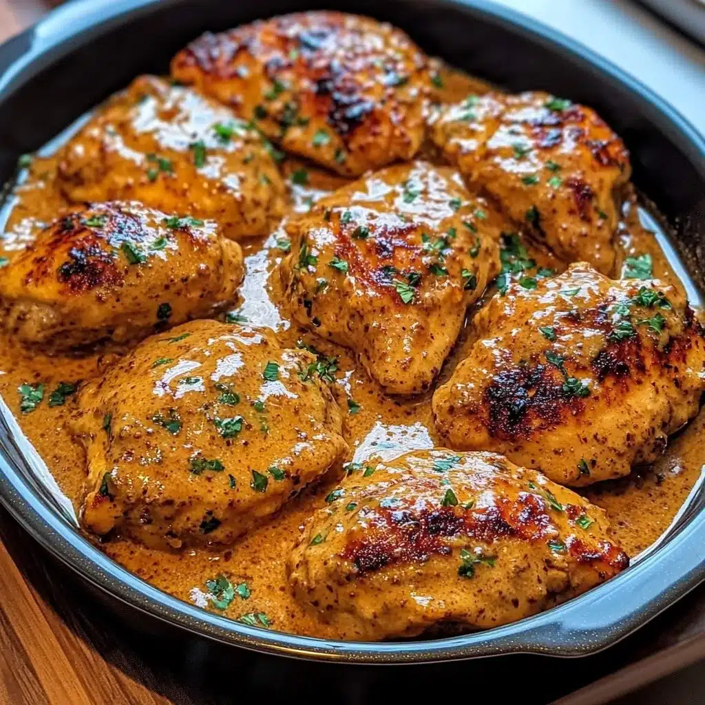 A serving of Cowboy Butter Chicken with herbs and spices on a rustic plate.
