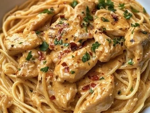 Delicious Cowboy Butter Chicken Linguine served in a bowl with fresh herbs