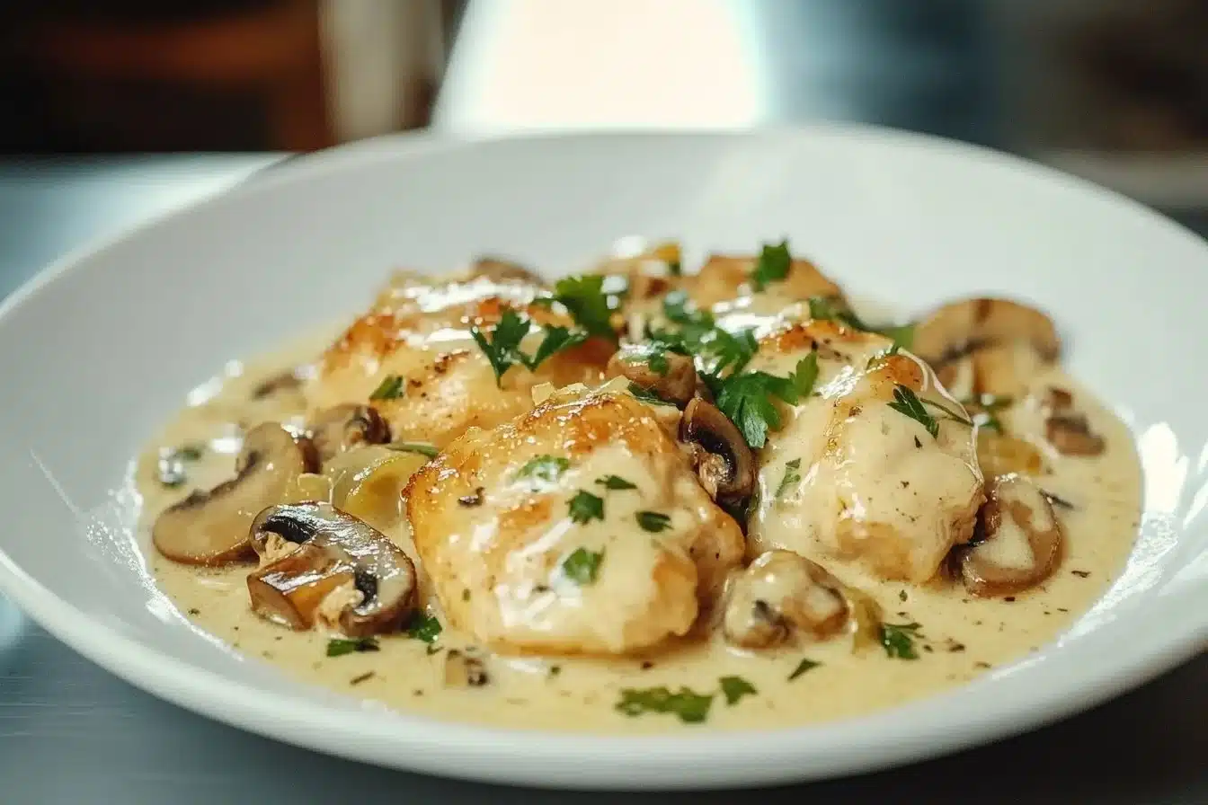 Creamy garlic mushroom chicken thighs served on a plate