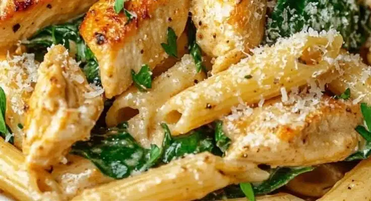 Creamy Garlic Parmesan Chicken Pasta with chicken and herbs in a bowl