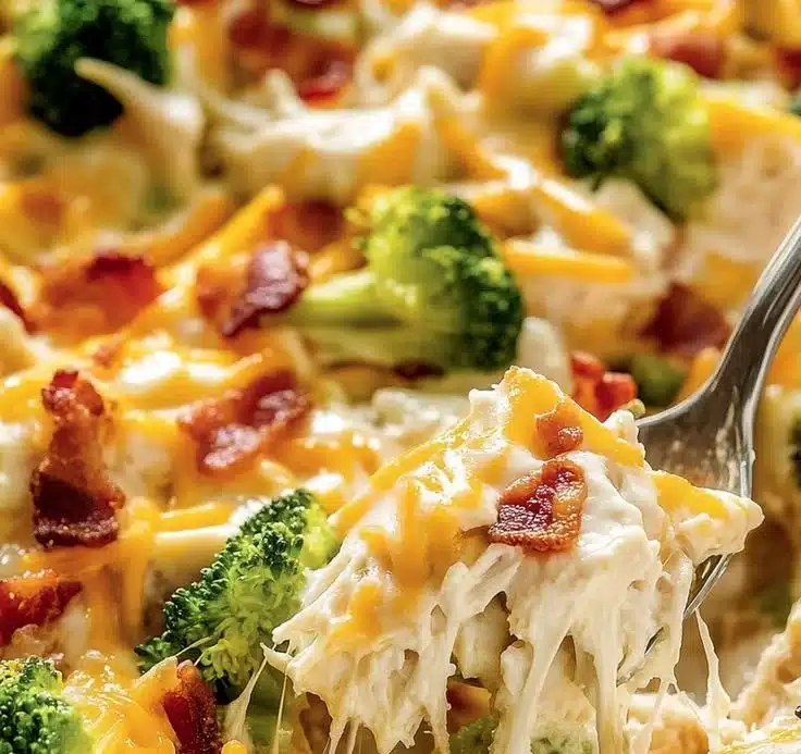 Creamy low carb chicken casserole served in a baking dish garnished with herbs.