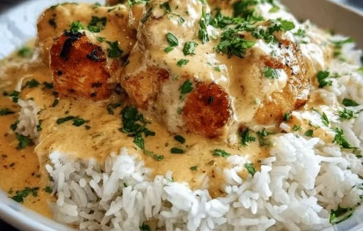 Creamy smothered chicken served on a plate with herbs and gravy