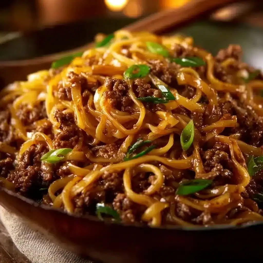 Plate of Mongolian Ground Beef Noodles garnished with green onions
