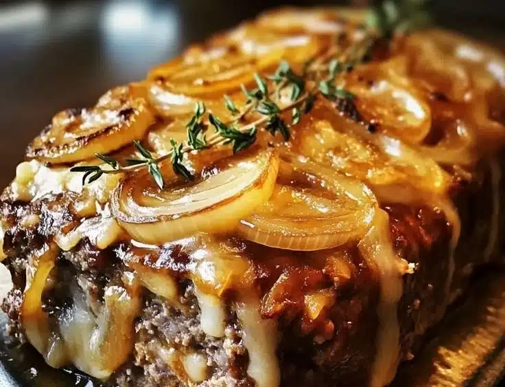 Delicious French Onion Meatloaf served with cheese and garnished with herbs.
