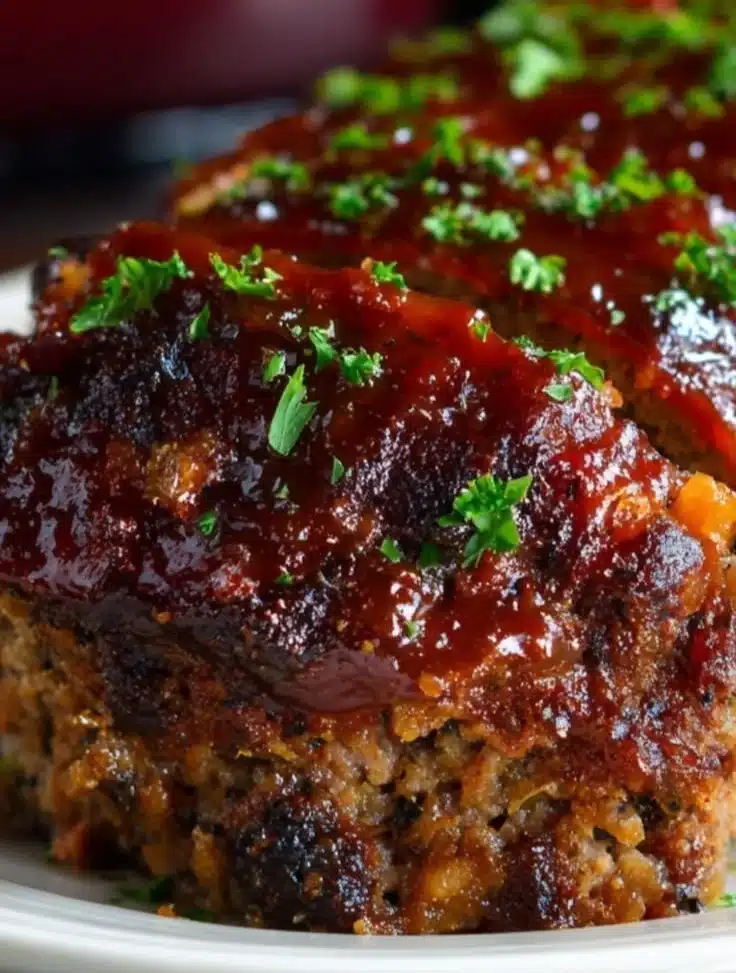 Delicious glazed meatloaf served with a side of vegetables