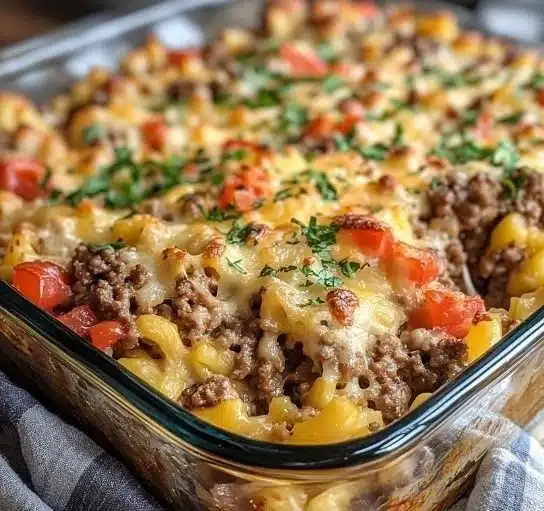 Delicious Hamburger Supreme Casserole with layers of flavor and cheesy goodness.