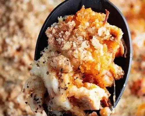 High protein Chicken Parmesan casserole dish with melted cheese and herbs