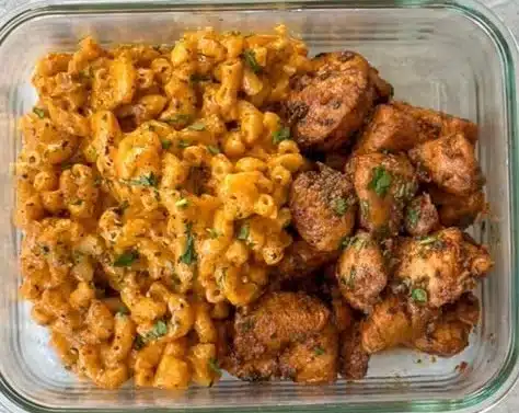 High-protein Honey Garlic Butter Chicken served with mac & cheese