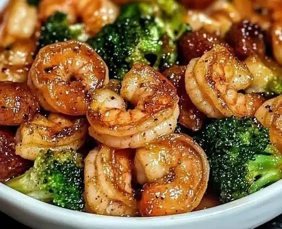 High-protein honey garlic shrimp dish served with vegetables