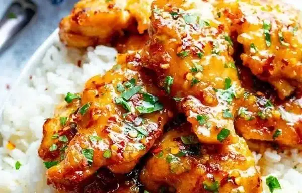 Delicious Honey Garlic Chicken Thighs plated with fresh vegetables