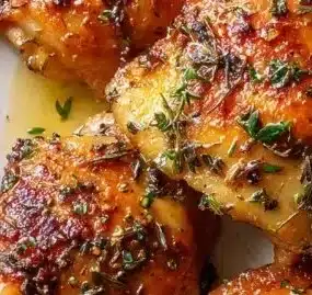 Oven baked chicken thighs garnished with herbs on a plate