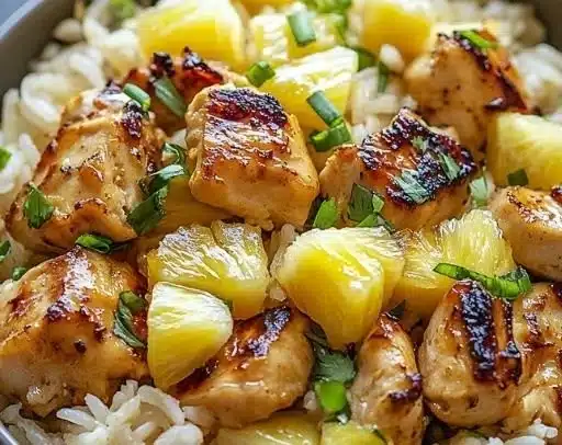 Plate of Pineapple Chicken served with rice and garnished with fresh herbs