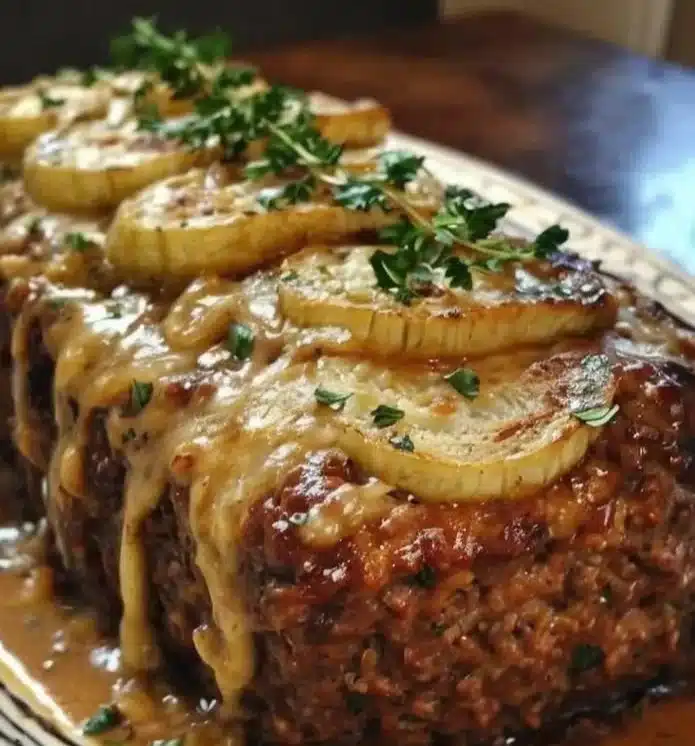 Savory French onion meatloaf garnished with caramelized onions on a plate