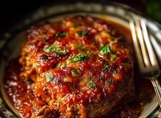 Delicious Sicilian Meatloaf served with fresh herbs and tomato sauce