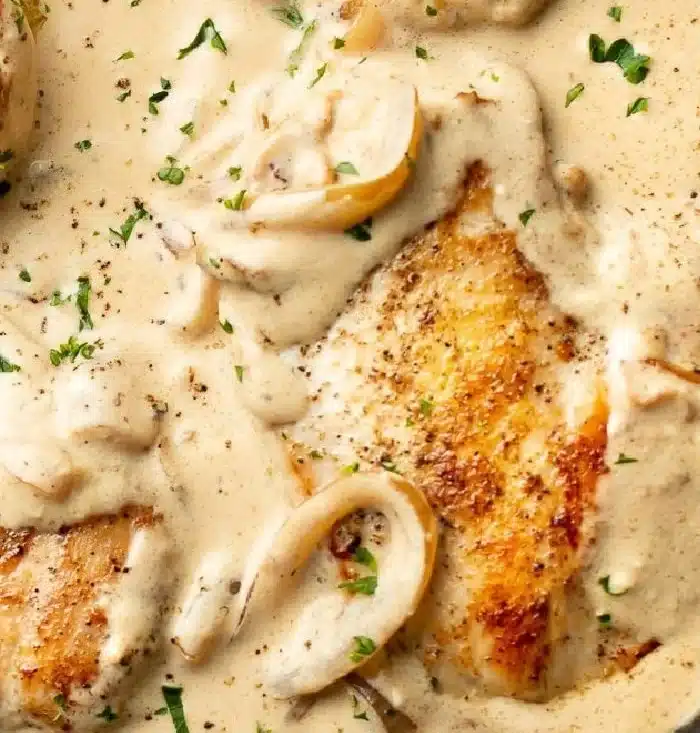 Baked sour cream and onion chicken served with a side of vegetables