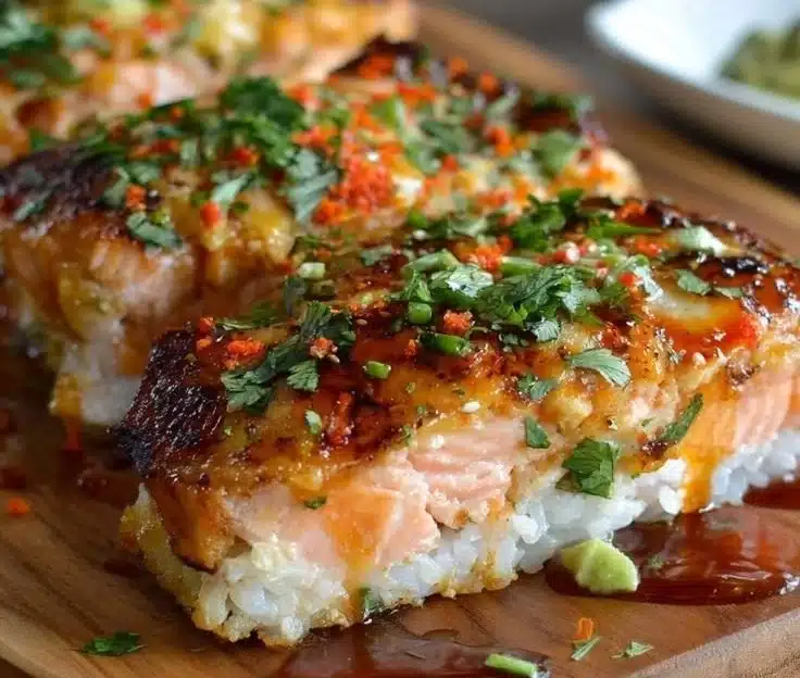 Delicious Spicy Salmon Sushi Bake dish with ingredients and a golden top layer.