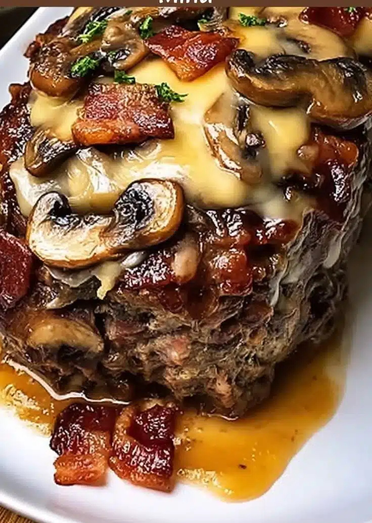Swiss Bacon Mushroom Meatloaf with cheese and mushrooms