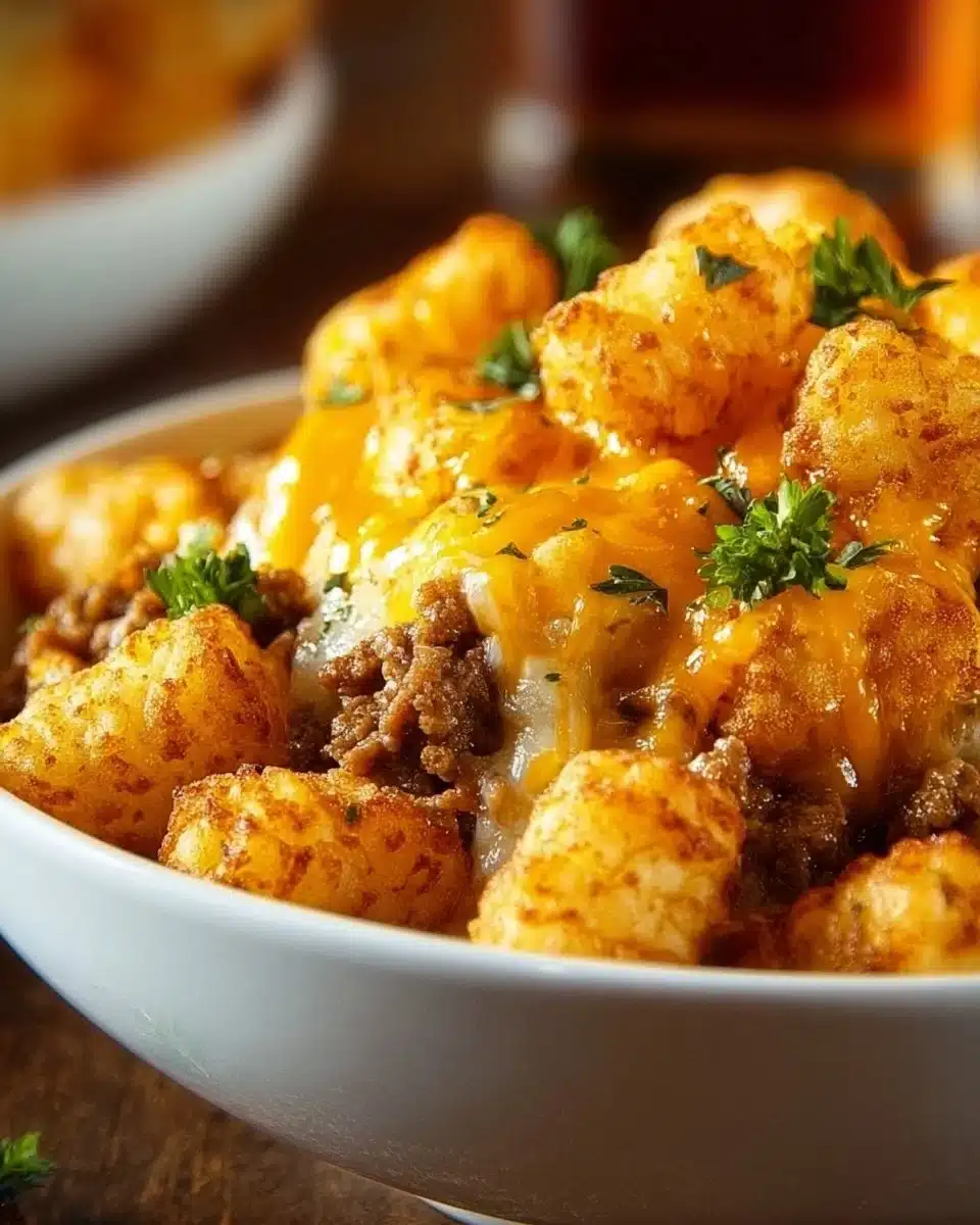 Delicious Tater Tot Casserole topped with golden crispy tater tots.