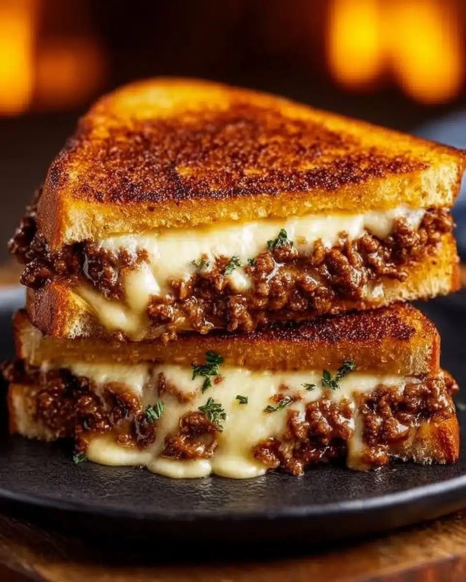 Ultimate Cheesy Ground Beef Melt topped with gooey cheese and savory beef