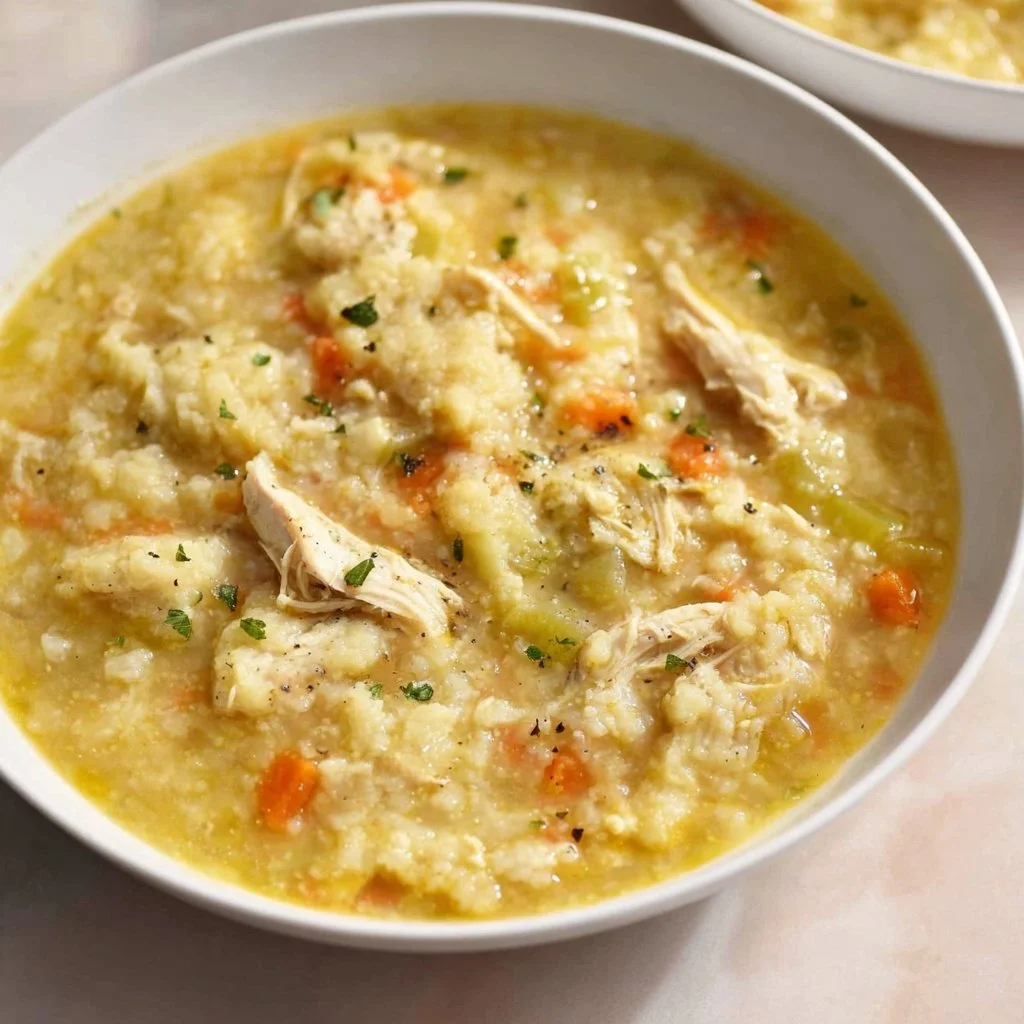 Healthy cauliflower chicken soup in a bowl with fresh herbs