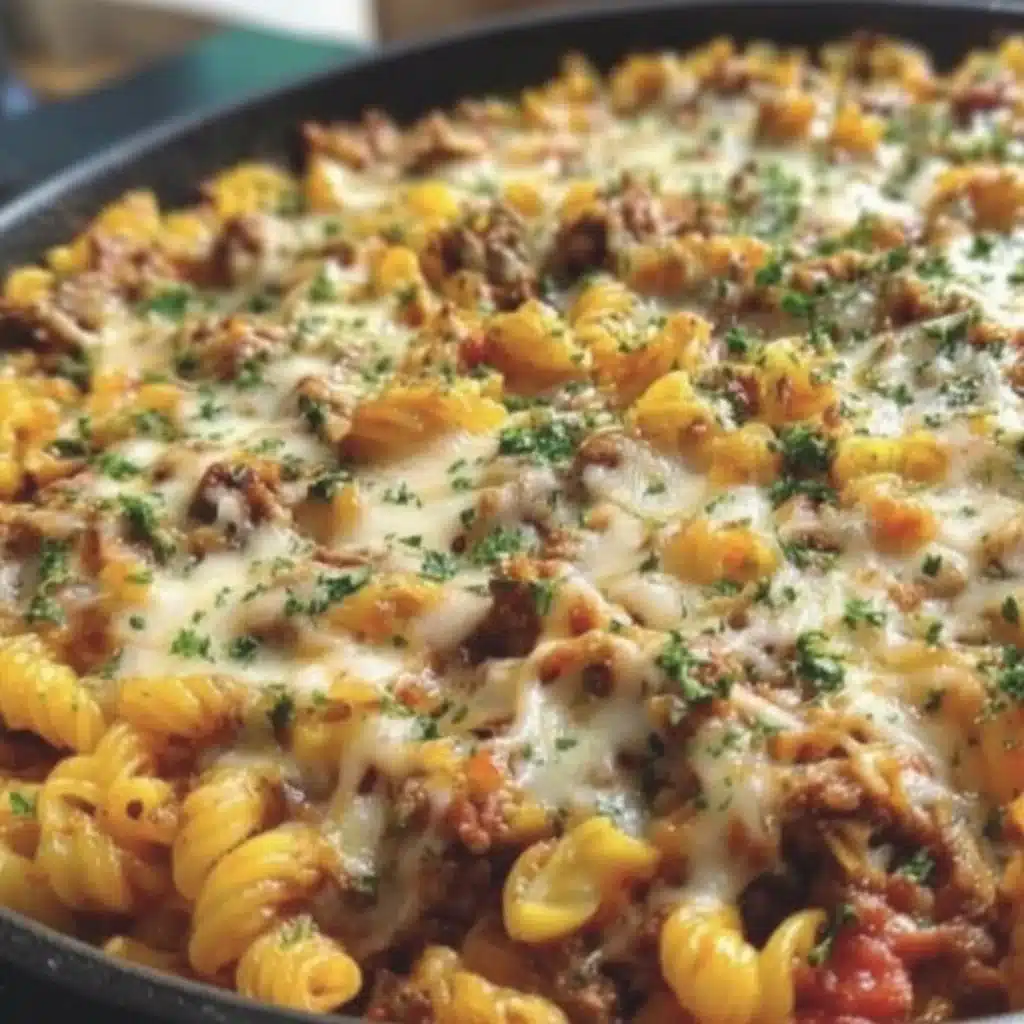 Delicious 4-Ingredient Ground Beef Casserole ready to serve in a baking dish