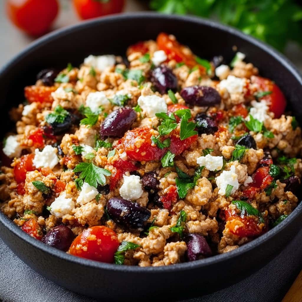 Mediterranean Keto Ground Chicken Skillet with Olives and Feta