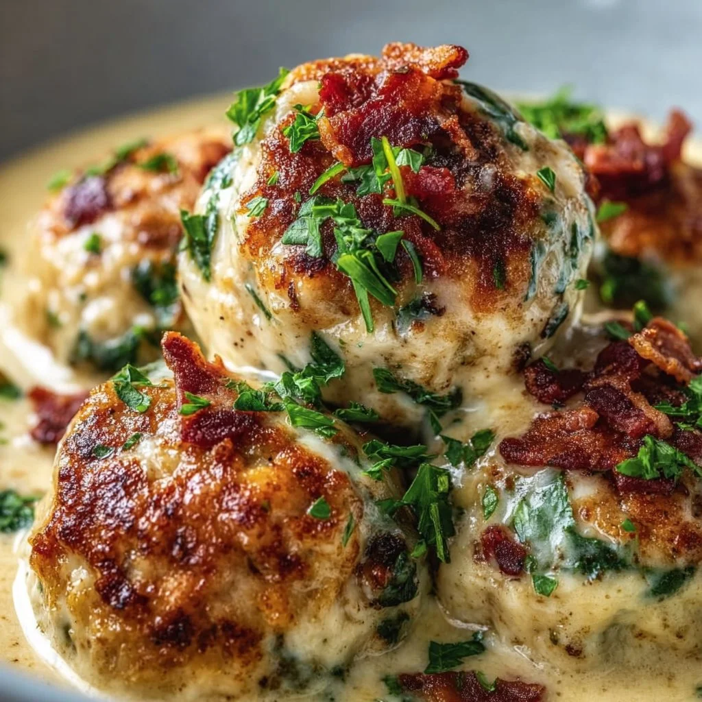 Baked chicken ricotta meatballs served with marinara sauce and fresh parsley.
