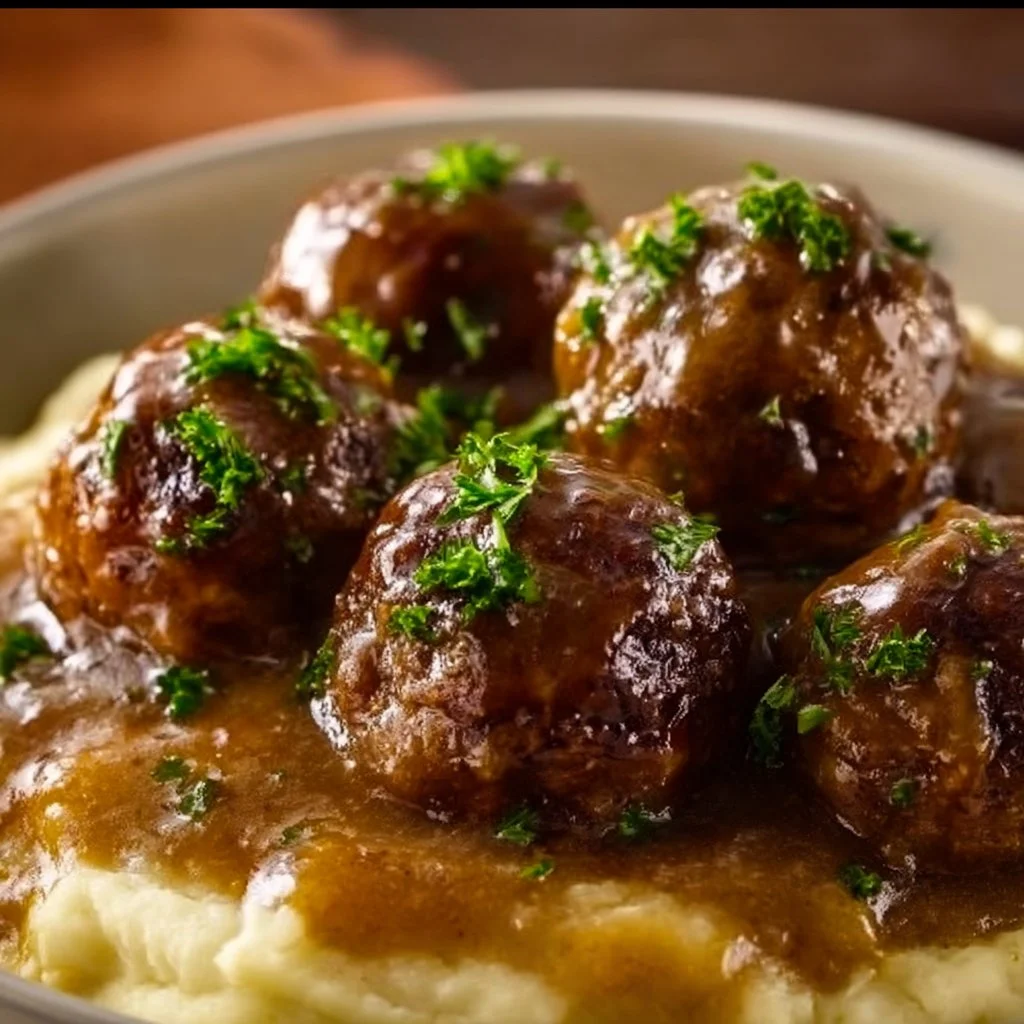 Slow Cooker Salisbury Steak Meatballs. Plate of beef meatballs with onion mushroom gravy and mashed potatoes