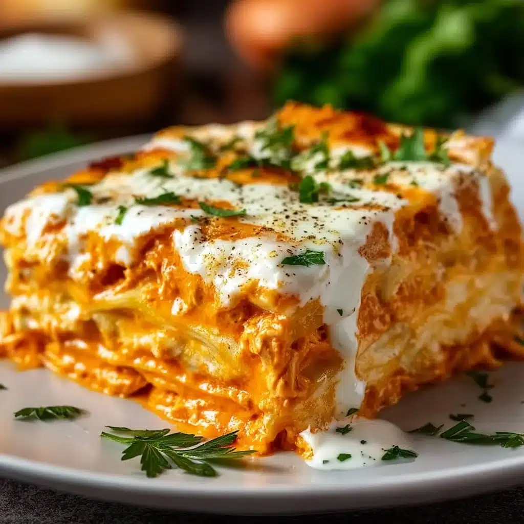 Delicious Buffalo Chicken Lasagna topped with cheese and spicy sauce