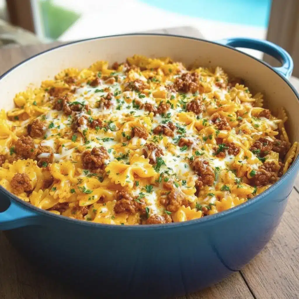 Cajun Cream Cheese Alfredo Bowties topped with spiced ground beef