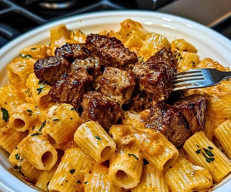 Cajun steak tips served with cheesy rigatoni on a plate.