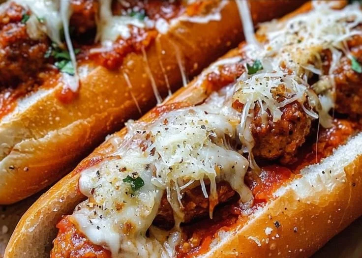 Cheesy meatball subs with melted cheese and marinara sauce