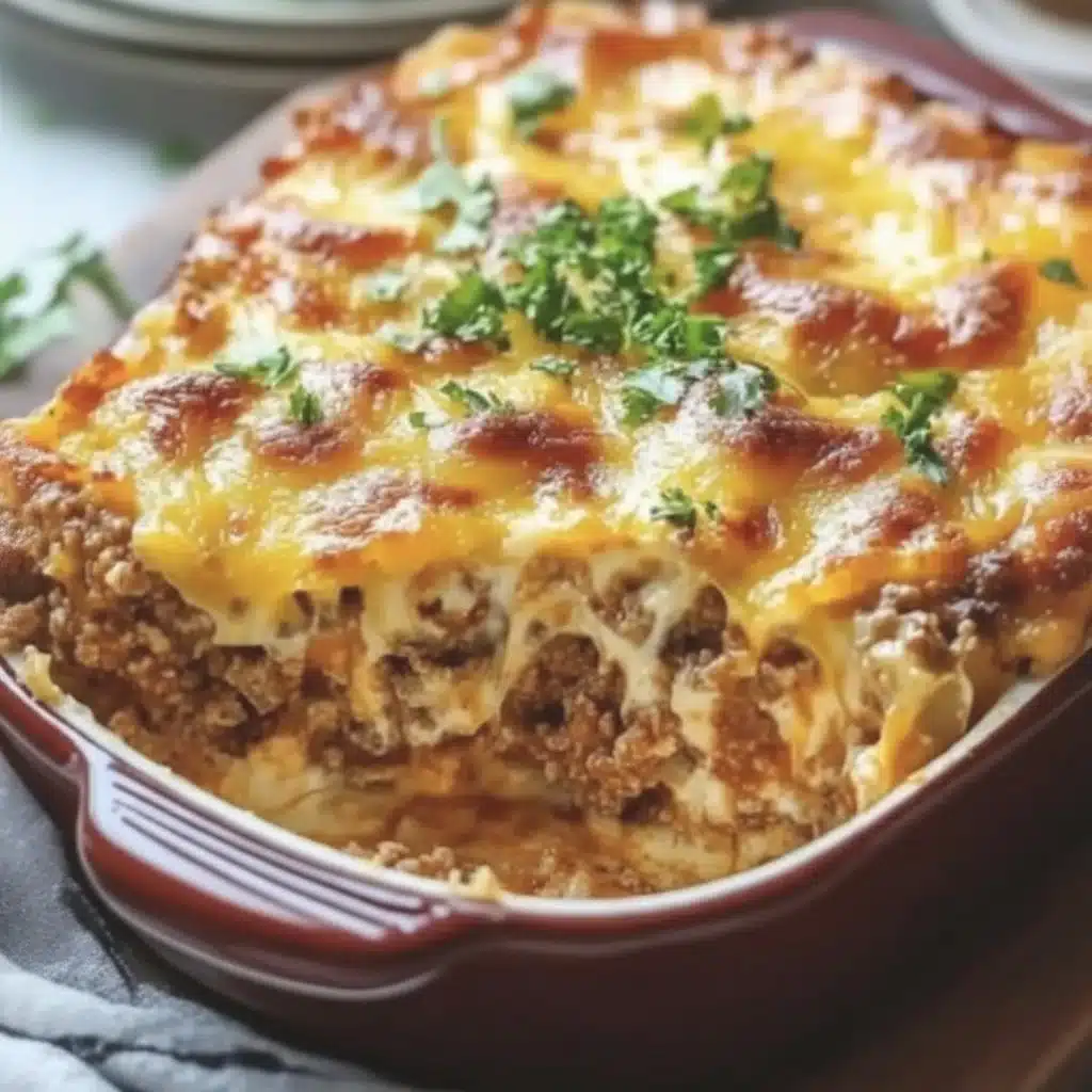 Cheesy meatloaf casserole served in a baking dish with melted cheese topping.