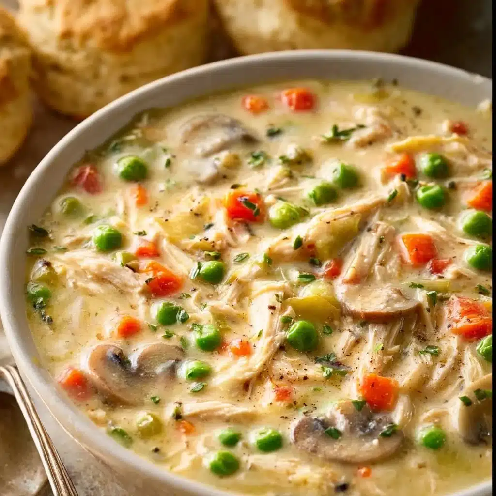 A bowl of hearty Chicken Pot Pie Soup with chicken and vegetables