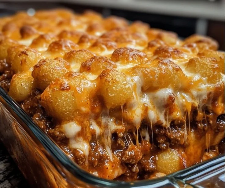 Delicious Chili Cheese Tater Tot Casserole topped with melted cheese and chili