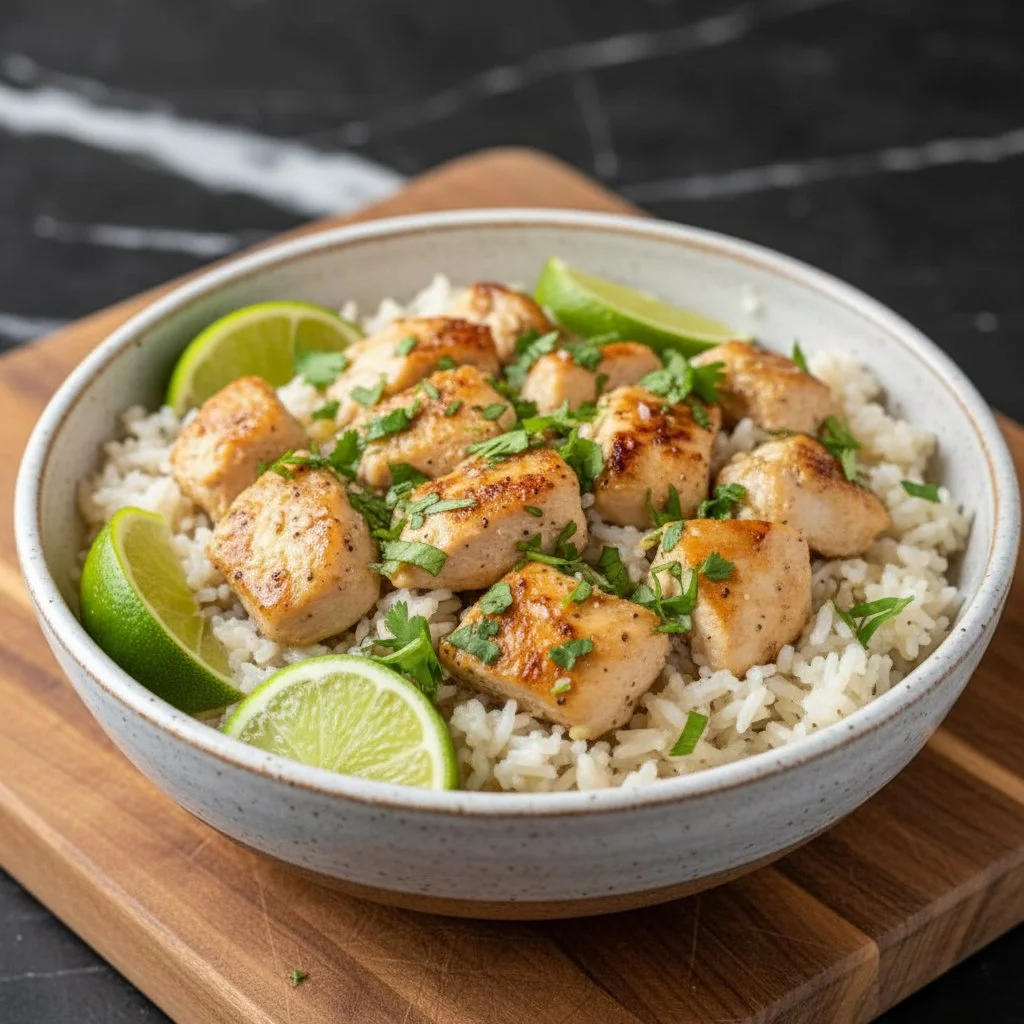 Delicious Coconut Chicken served with rice on a plate