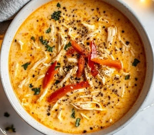 Bowl of creamy Cajun chicken soup garnished with herbs and spices