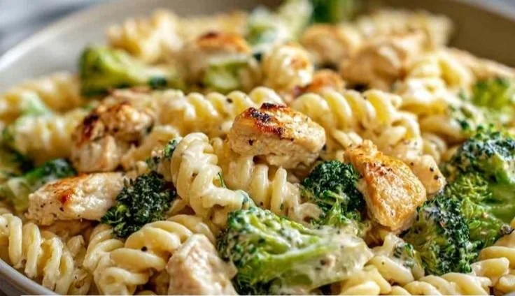 Creamy rotisserie chicken broccoli pasta dish served in a bowl