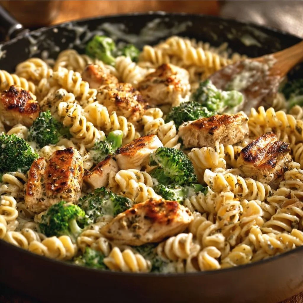 Creamy rotisserie chicken broccoli pasta dish served in a bowl