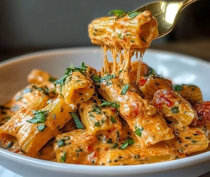 Creamy tomato garlic pasta dish topped with fresh herbs and grated cheese.