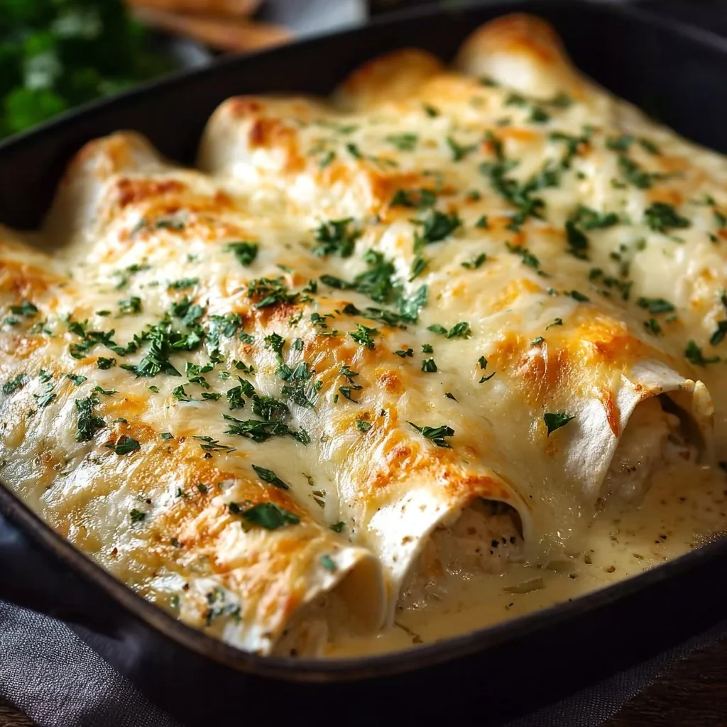 Creamy white chicken enchiladas served with garnishes and sauce