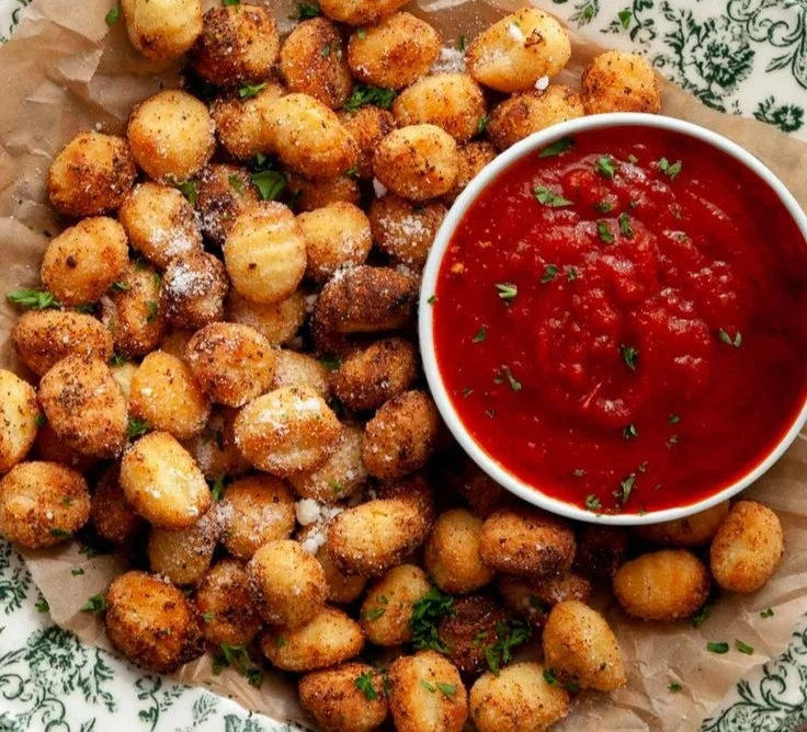 Crispy air fryer gnocchi served in a bowl with herbs