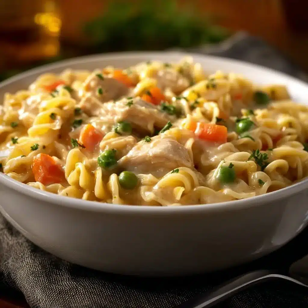 Crock Pot Chicken Pot Pie with Noodles served in a bowl