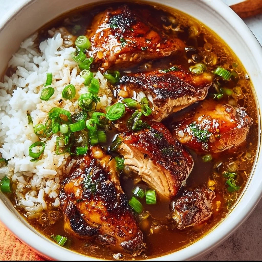 Delicious caramelised soy chicken in garlic ginger broth with rice.